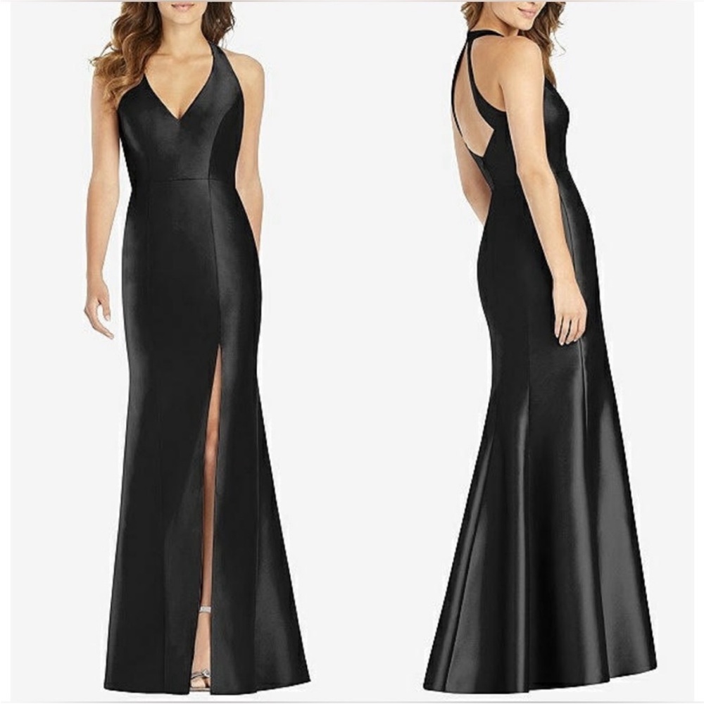 Alfred Sung Bridesmaid Satin Twill Halter Neck Gown Open Back, Black, 18 NWT